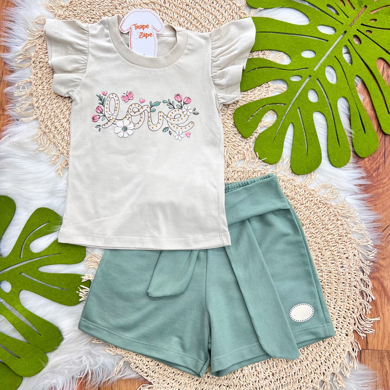 Conj. Blusa Love Floral e Short - Verde